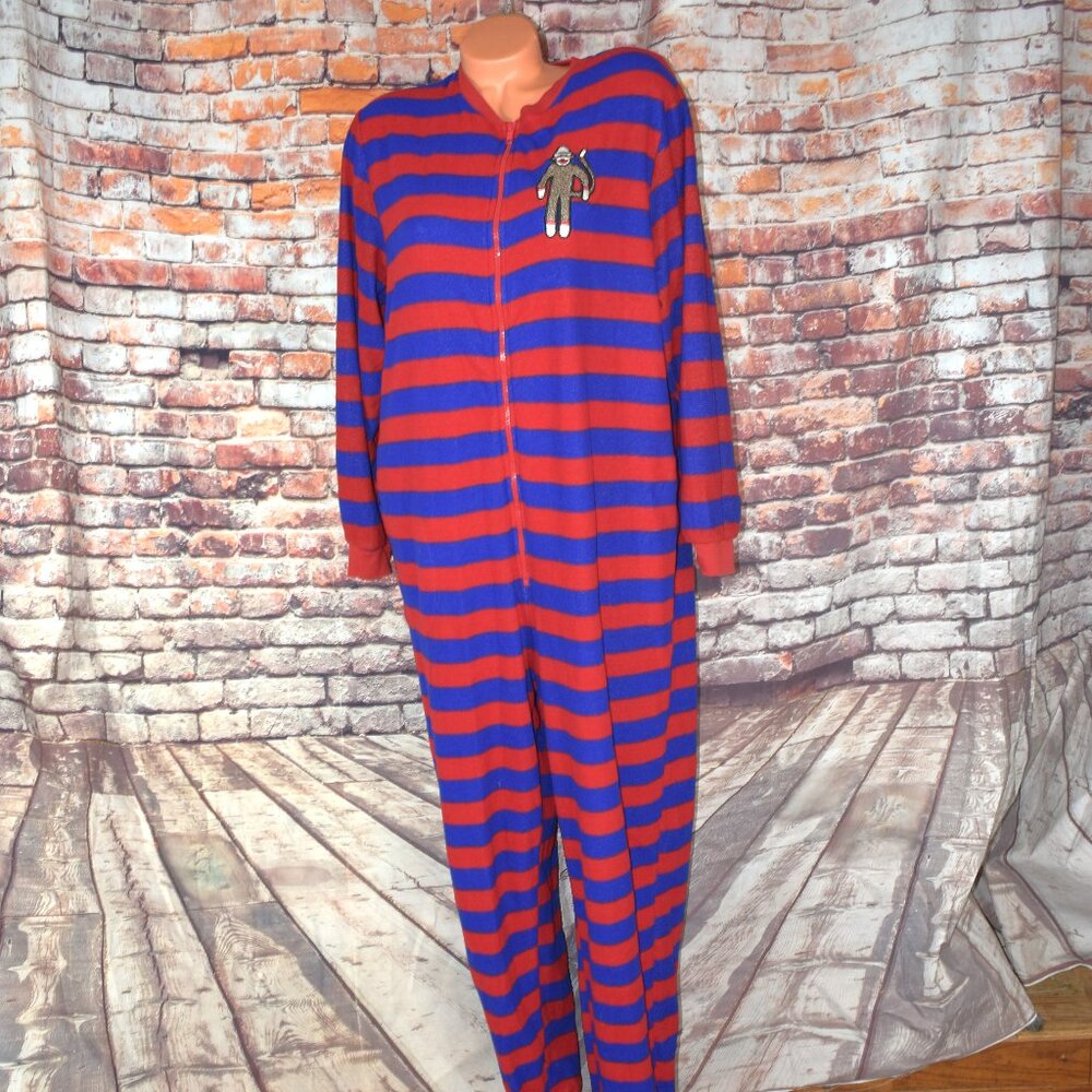 Nick & Nora Large Striped Sock Monkey Footed Footie Pajamas PJs One Piece
